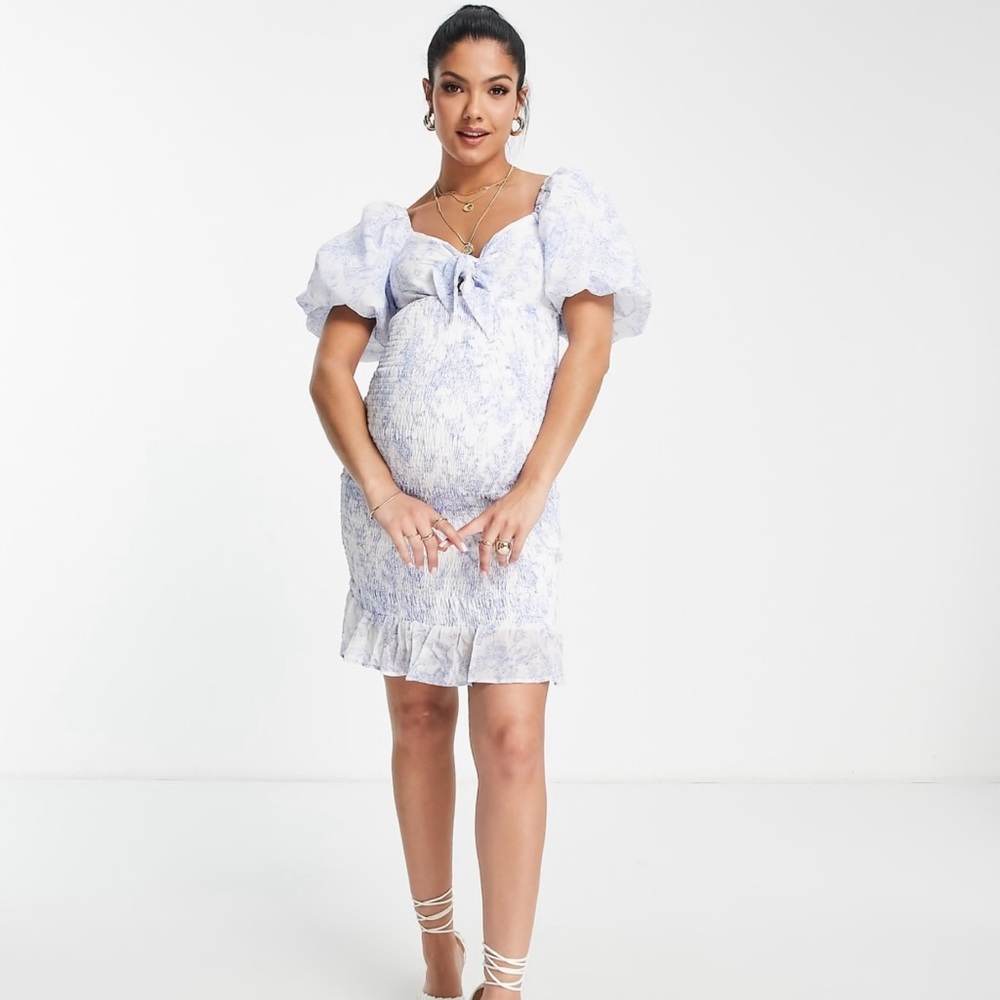 Missguided Maternity puff sleeve shirred mini dress
